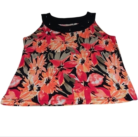 Laura Ashley Tank Top Shirt Sleeveless 2X Pink Orange Black Floral SLINKY Beaded - Picture 3 of 7